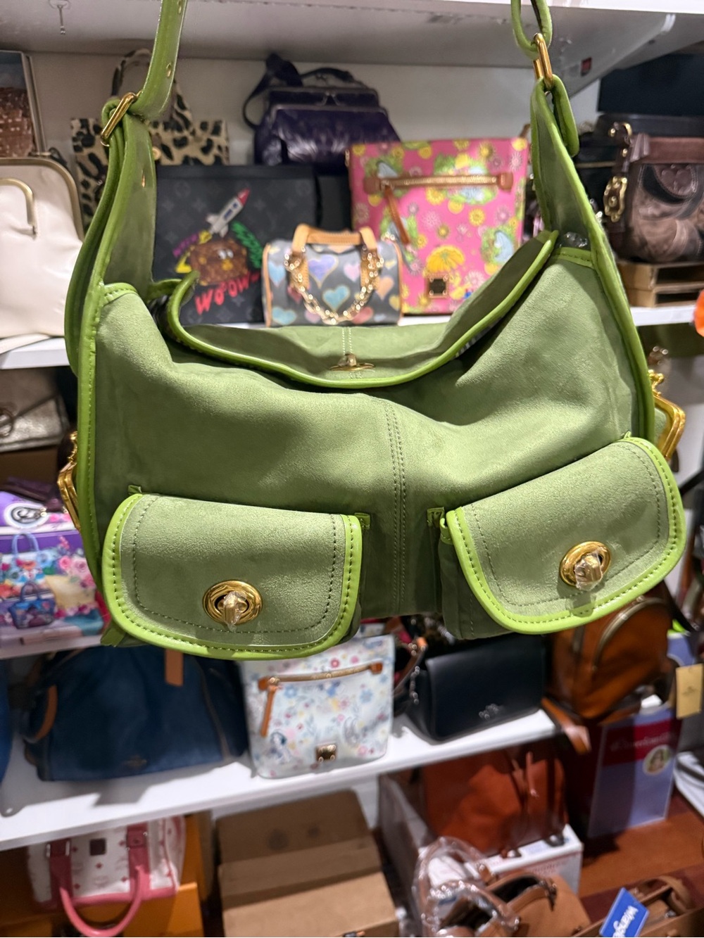 SAC- Large Bag in Green Suede Shoulder Bag with Front Pockets- FASHION CROSSBODY